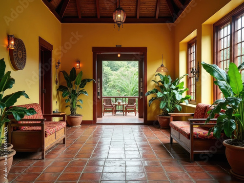 A traditional South Indian home interior, with wooden furniture, Athangudi tile flooring, brass lamps, banana leaf plants indoors, muted yellow and maroon color tones, cultural wall decor, cozy lighti