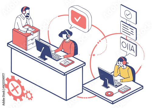 Customer Service Team Working Remotely Providing Technical Support and Solutions with Modern Technology in a Call Center Environment Illustration