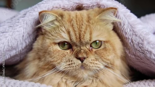 A fluffy Persian cat peeking out from under a cozy blanket in a warm indoor setting