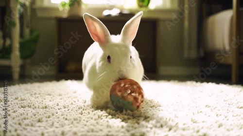 A playful white rabbit joyfully chasing a colorful ball in a sunlit cozy room with soft decor