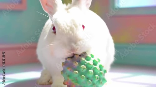 White rabbit holding a colorful textured ball in a vibrant, pastel-colored room