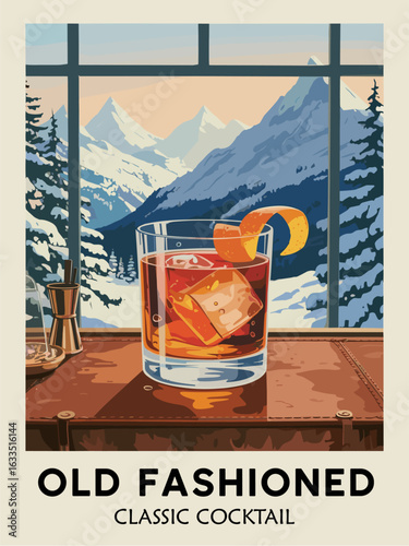 Flat vector poster of an Old Fashioned cocktail on a dark leather bar with an alpine ski lodge view, snowy trees, twilight mountains, and warm, moody lighting in retro style