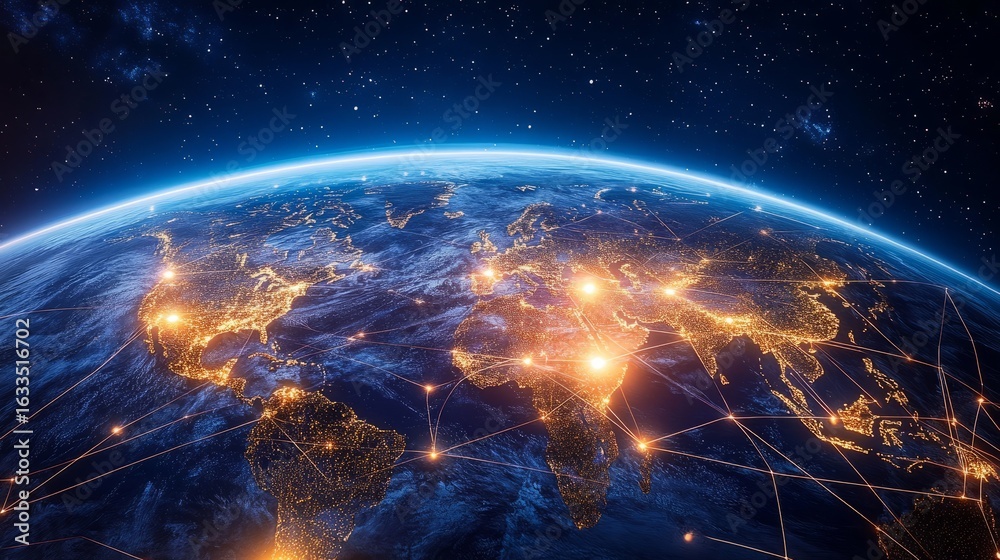 Fototapeta premium Worldwide connections mapping global network visualization for business strategy, international trade, and economic growth featuring digital earth with connected lines, futuristic data flow, and techn