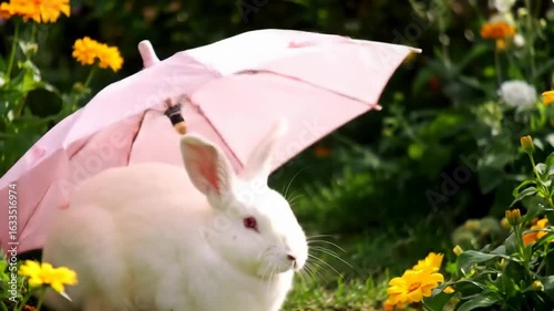 A white rabbit resting under a pink umbrella amidst colorful flowers in a sunny garden