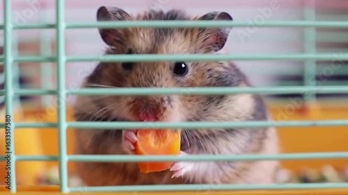 Adorable hamster enjoying a piece of carrot in a colorful cage with soft bedding