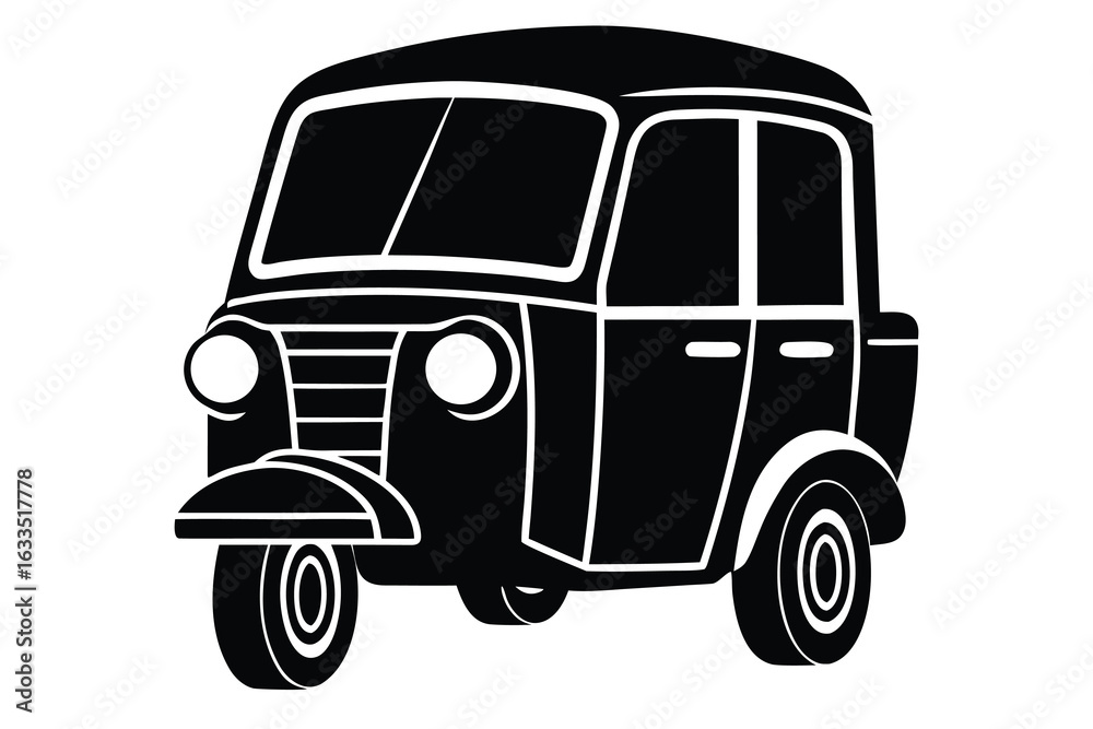 Fototapeta premium Silhouette Illustration of a Black Auto Rickshaw with Three Wheels and Rounded Features
