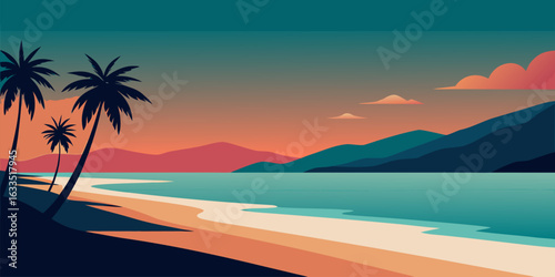 Vibrant tropical beach scene with calming teal warm coral and soft sand tones perfect for summer and coastal designs