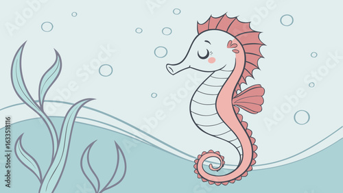 Vector illustration of a cute cartoon seahorse and abstract floral background