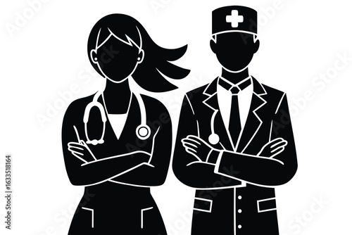 Silhouette Illustration of Doctors Female Doctor in Scrubs and Male Doctor in Coat with Cross