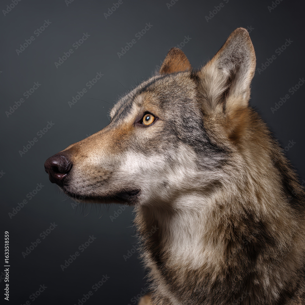 Fototapeta premium Wolf with Head Tilted Studio Lighting