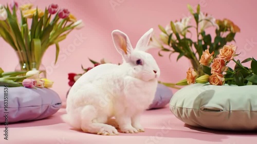 A playful white rabbit exploring vibrant floral arrangements on a pastel backdrop