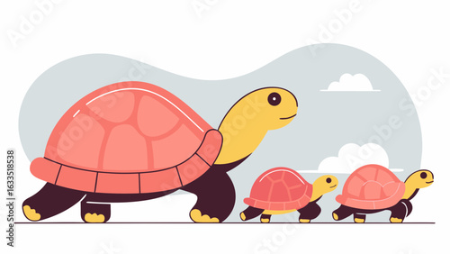 A funny brown tortoise with a cute tortoises slowly walking in the wild