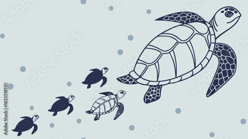 mother charming cartoon sea turtle walks with her baby turtles trailing behind in a line