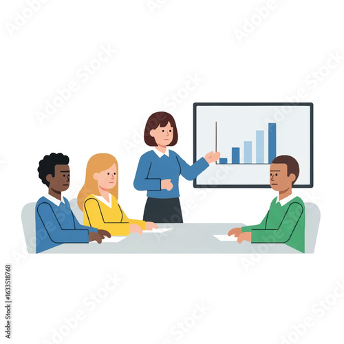 Businesswoman presenting a growth chart to a diverse team of colleagues.