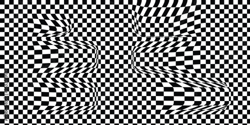 Psychedelic Checkerboard Vector Background | Distorted Black and White Wavy Grid Pattern for Illusion, Retro Art and Racing Flag Design.
