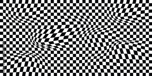 Psychedelic Checkerboard Vector Background | Distorted Black and White Wavy Grid Pattern for Illusion, Retro Art and Racing Flag Design.