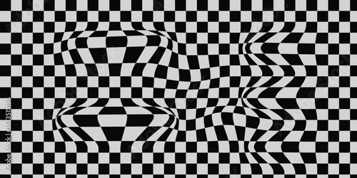Psychedelic Checkerboard Vector Background | Distorted Black and White Wavy Grid Pattern for Illusion, Retro Art and Racing Flag Design.