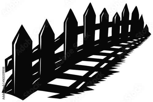 Silhouette of a Long Pointed Picket Fence Casting a Geometric Shadow Pattern
