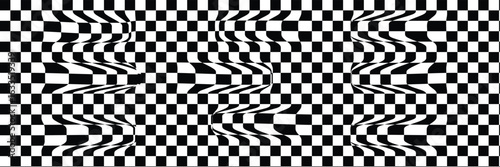 Trippy Distorted Checkerboard Background | Psychedelic Black and White Wavy Grid Pattern for Retro Art, Optical Illusion and Race Flag Design.