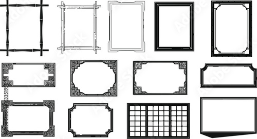 Create a kinds of deferent Basic black Japanese frame set material vector art with white background.