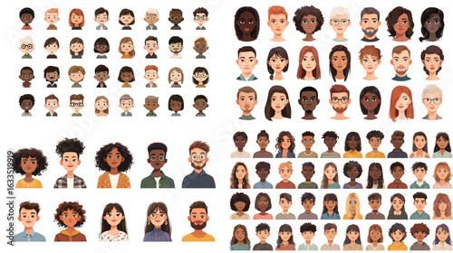Collection of diverse avatar portraits featuring people of different ethnicities, hairstyles, and facial features. Great for social media, apps, or corporate diversity design.