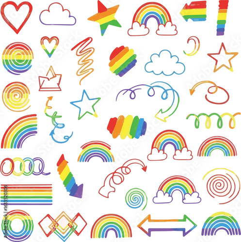 Create a kinds of deferent Hand drawn rainbow doodle set colorful line art design vector art color with white background.