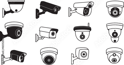 Assortment of security and surveillance camera icons in black and white outline and silhouette security camera