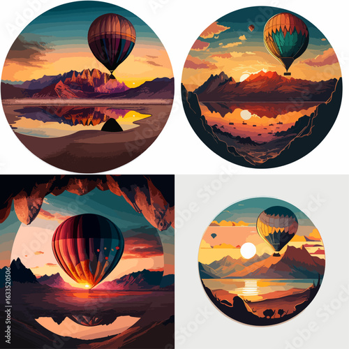Four circular artworks depicting hot air balloons floating over serene mountain landscapes at sunset, with reflections in calm water.