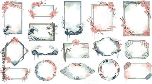 Create a kinds of deferent Modern and beautiful watercolor textured Japanese frame collection vector art with white background.