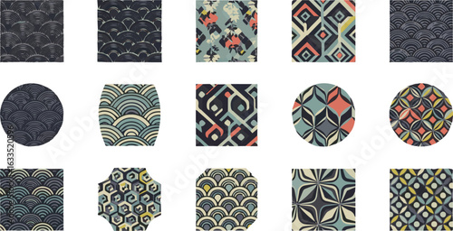 Create a kinds of deferent Modern Japanese pattern selection vector art with white background.