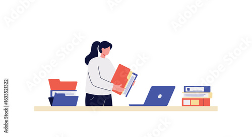 Woman reading a file near desk items and laptop