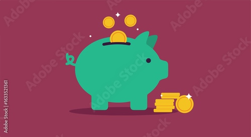 Teal piggy bank with gold coins on magenta background