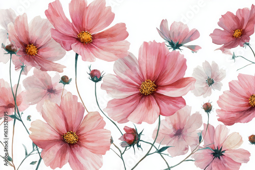 Delicate pink cosmos flowers bloom with touch of happy, watercolor effect