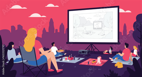 Outdoor cinema scene with friends watching movie on a large projector screen