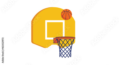 Yellow basketball backboard with an orange ball near a net