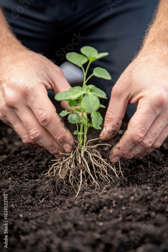 a gardner hands planting a seedling with roots and soil