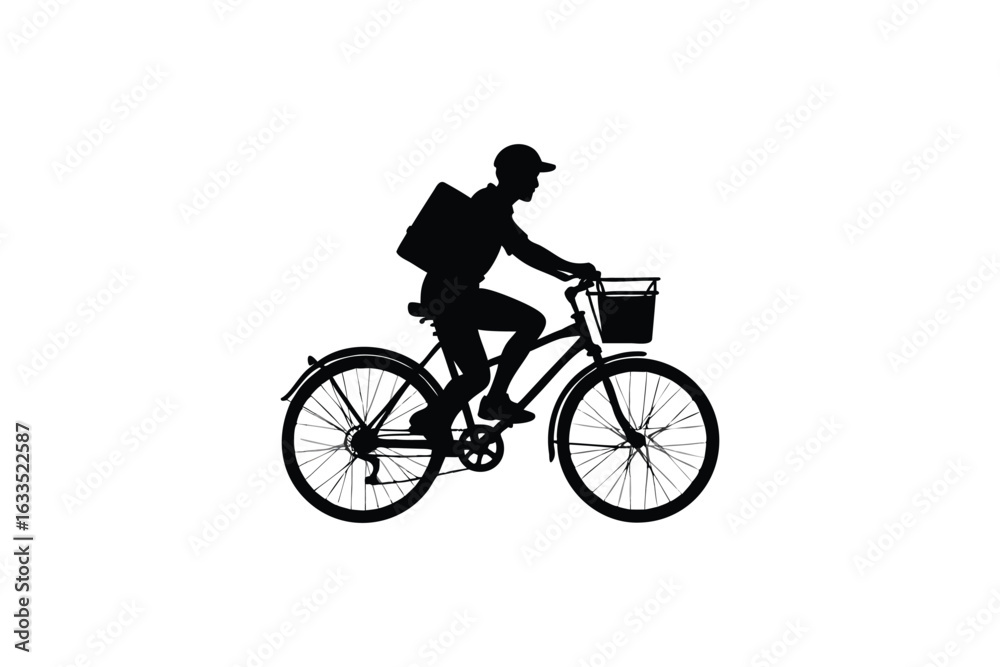 Obraz premium A person wearing a backpack and a cap rides a bicycle with a basket on the front depicted in a striking black silhouette against a clean white background conveying movement and delivery