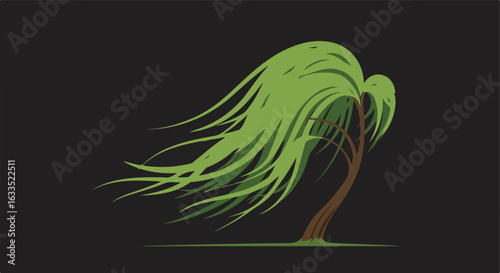 Cartoon willow bends in wind; dark background