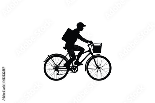 A person wearing a backpack and a cap rides a bicycle with a basket on the front depicted in a striking black silhouette against a clean white background conveying movement and delivery