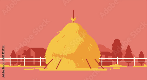 Stylized haystack with country landscape backdrop, flat vector illustration