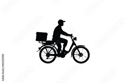 A person wearing a cap rides a bicycle with a basket on the back depicted in a striking black silhouette against a clean white background conveying movement and delivery