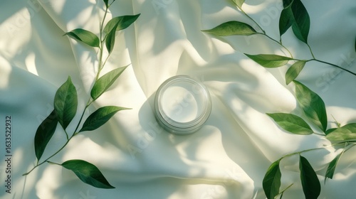 Light-filled cream jar atop draped fabric with fresh greenery