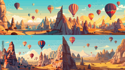 Vibrant illustration showcasing multiple hot air balloons soaring above a picturesque mountainous landscape.  The scenery is characterized by warm colors and stylized rock formations.