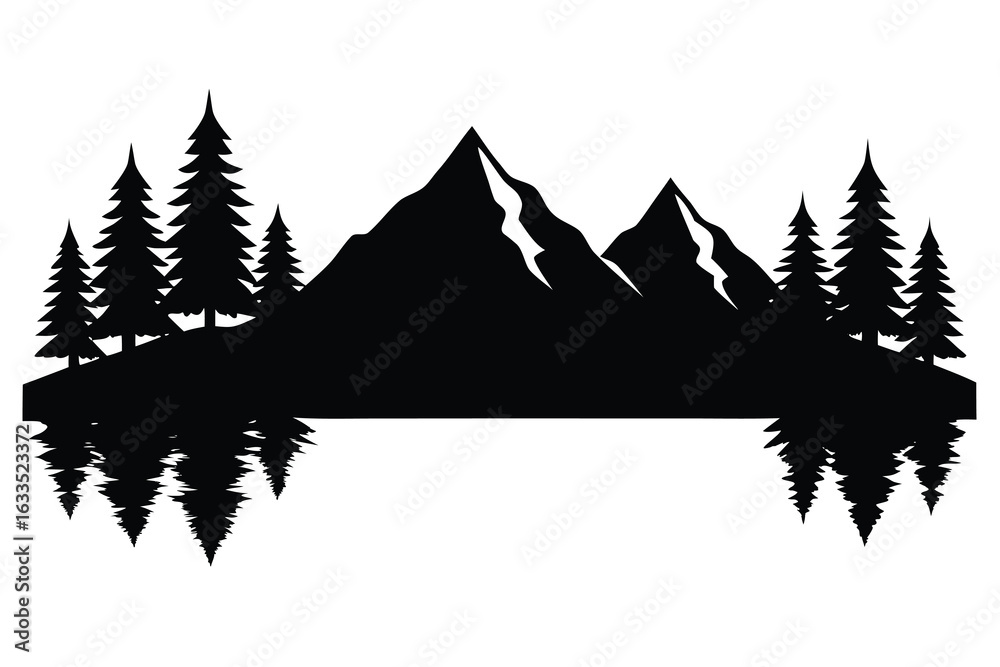 Fototapeta premium Silhouette of Mountains and Pine Trees with Reflection on Water or Snow
