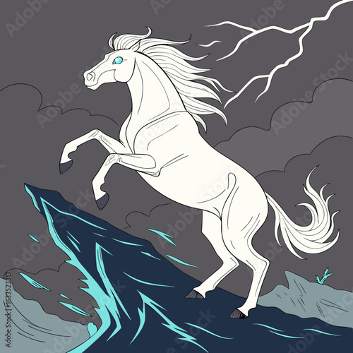 Rearing white horse on gray.







