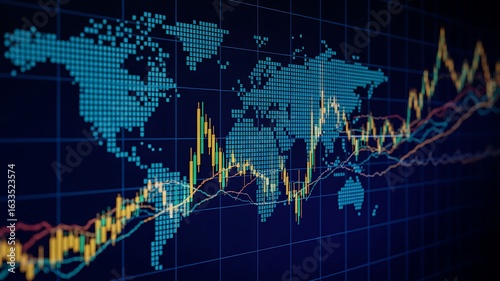 Global financial markets surge with dynamic stock charts and digital world map overlay