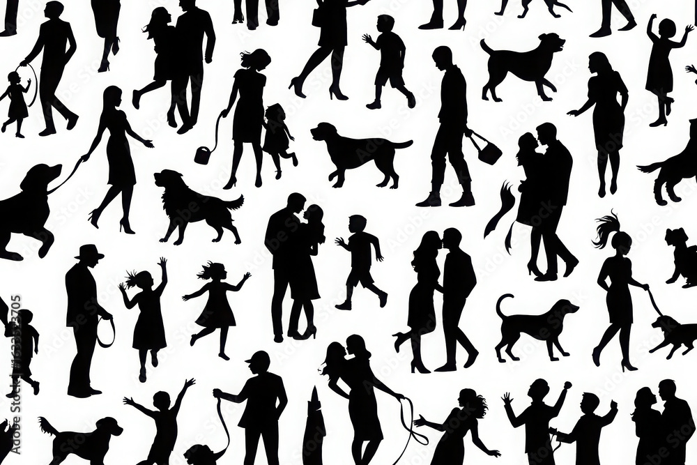 Naklejka premium Pattern of black silhouettes of people and dogs walking and playing together, symbolizing companionship