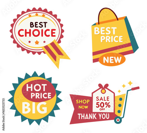 Colorful vector collection of best choice, best price, hot price, sale badges and shopping cart icons