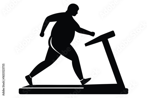Silhouette of Overweight Man Walking on Treadmill for Exercise and Weight Loss