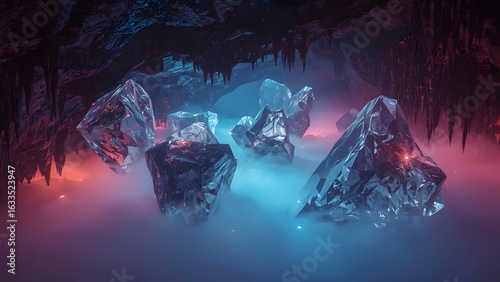Mystical ice formations illuminated by ethereal blue and pink light